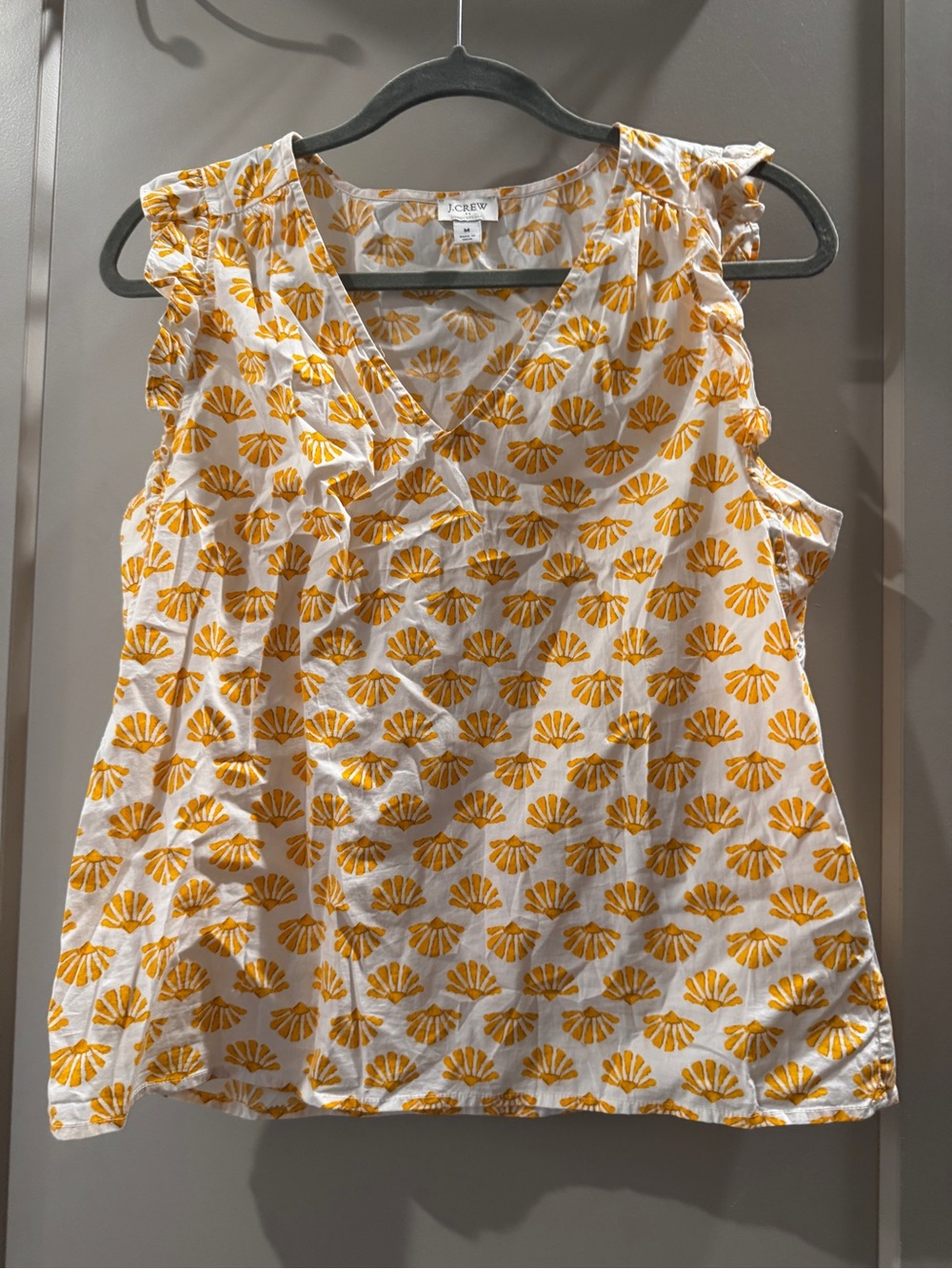 J. Crew White & Yellow Shell-Print V-Neck Ruffle Sleeve Top